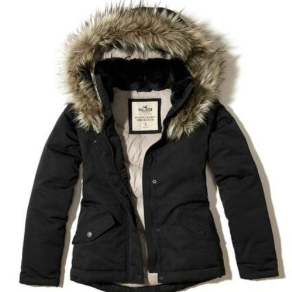 hollister ultimate down collection winter jacket, black with faux fur